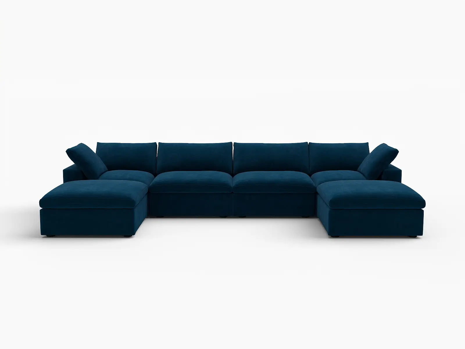 Deluxe Cloud 4-Seater Dark Blue U-Shaped Sectional | 6-Piece (Includes 2 Ottomans), Velvet Fabric, Family Room Seating, Washable Cushion Covers
