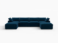 Deluxe Cloud 4-Seater Dark Blue U-Shaped Sectional | 6-Piece (Includes 2 Ottomans), Velvet Fabric, Family Room Seating, Washable Cushion Covers