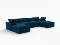 Deluxe Cloud 4-Seater Dark Blue U-Shaped Sectional | 6-Piece (Includes 2 Ottomans), Velvet Fabric, Family Room Seating, Washable Cushion Covers