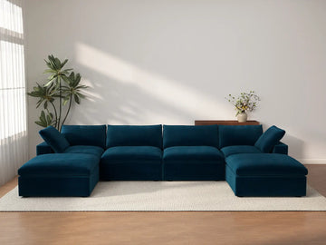 Deluxe Cloud 4-Seater Dark Blue U-Shaped Sectional | 6-Piece (Includes 2 Ottomans), Velvet Fabric, Family Room Seating, Washable Cushion Covers