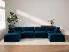 Deluxe Cloud 4-Seater Dark Blue U-Shaped Sectional | 6-Piece (Includes 2 Ottomans), Velvet Fabric, Family Room Seating, Washable Cushion Covers