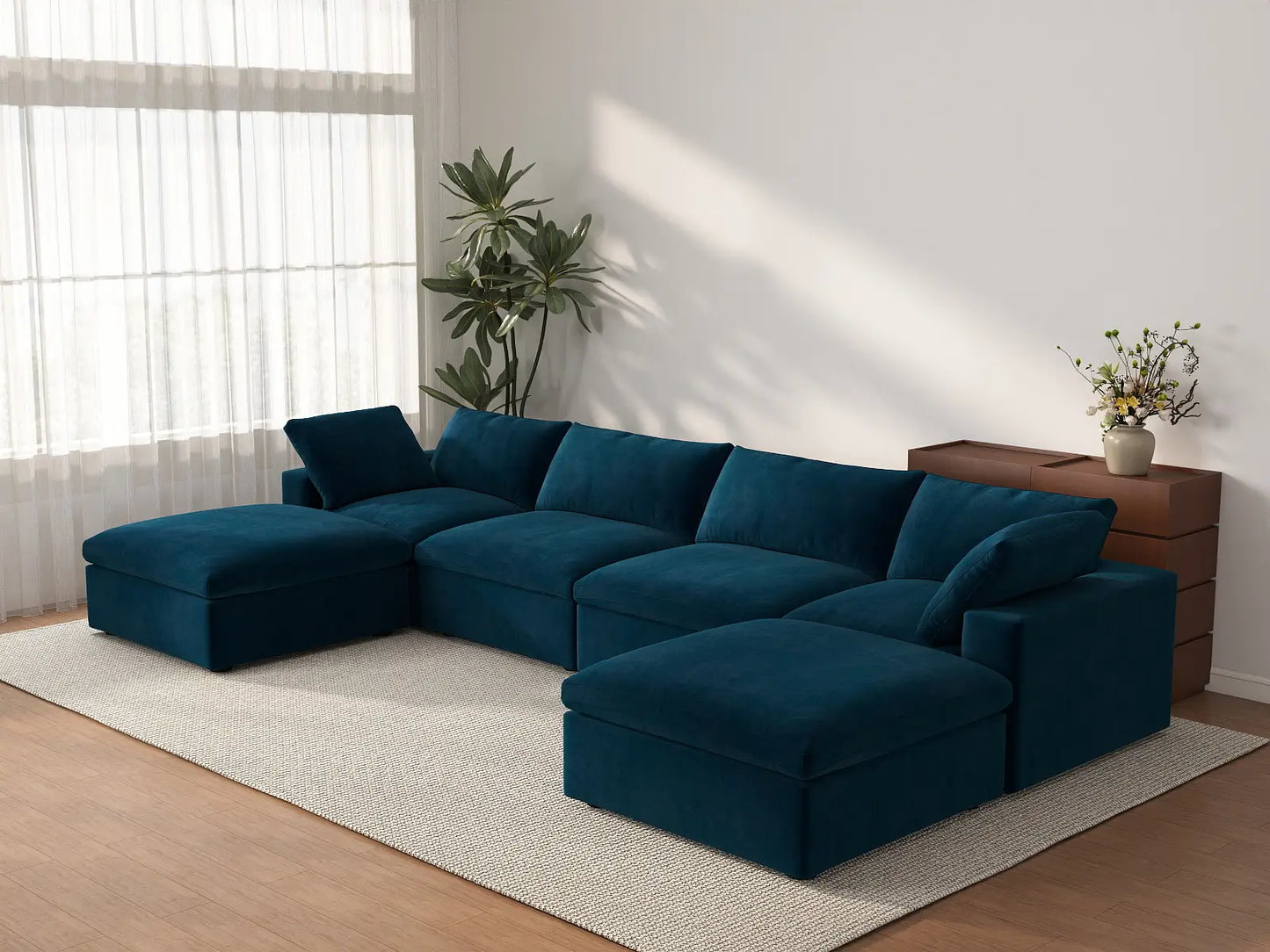Deluxe Cloud 4-Seater Dark Blue U-Shaped Sectional | 6-Piece (Includes 2 Ottomans), Velvet Fabric, Family Room Seating, Washable Cushion Covers