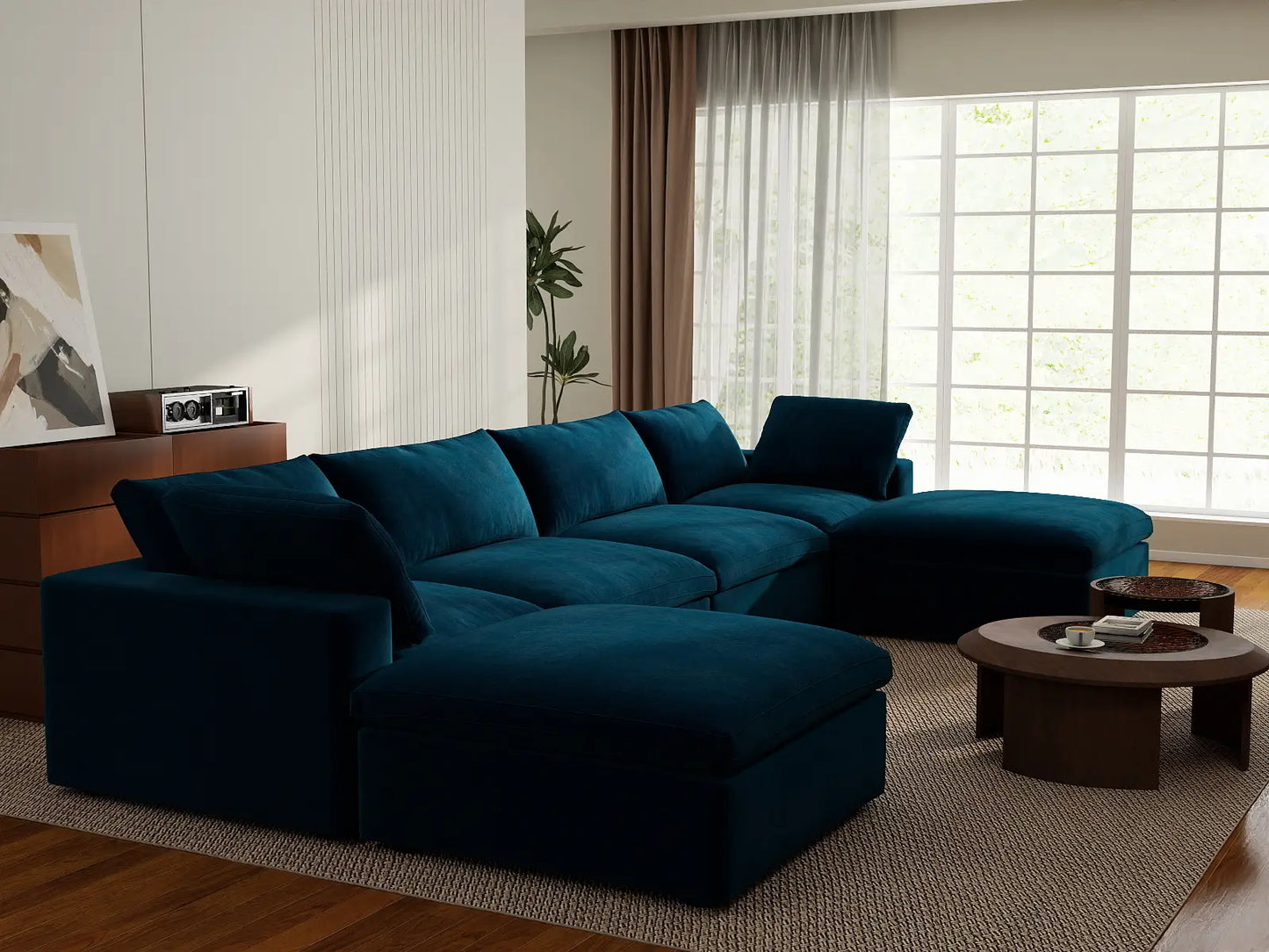 Deluxe Cloud 4-Seater Dark Blue U-Shaped Sectional | 6-Piece (Includes 2 Ottomans), Velvet Fabric, Family Room Seating, Washable Cushion Covers