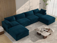 Deluxe Cloud 4-Seater Dark Blue U-Shaped Sectional | 6-Piece (Includes 2 Ottomans), Velvet Fabric, Family Room Seating, Washable Cushion Covers