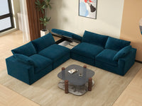 Deluxe Cloud 4-Seater Dark Blue V-Shaped Sectional | 5-Piece (Includes 1 Ottoman), Velvet Fabric, Living Room Seating, Washable Cushion Covers