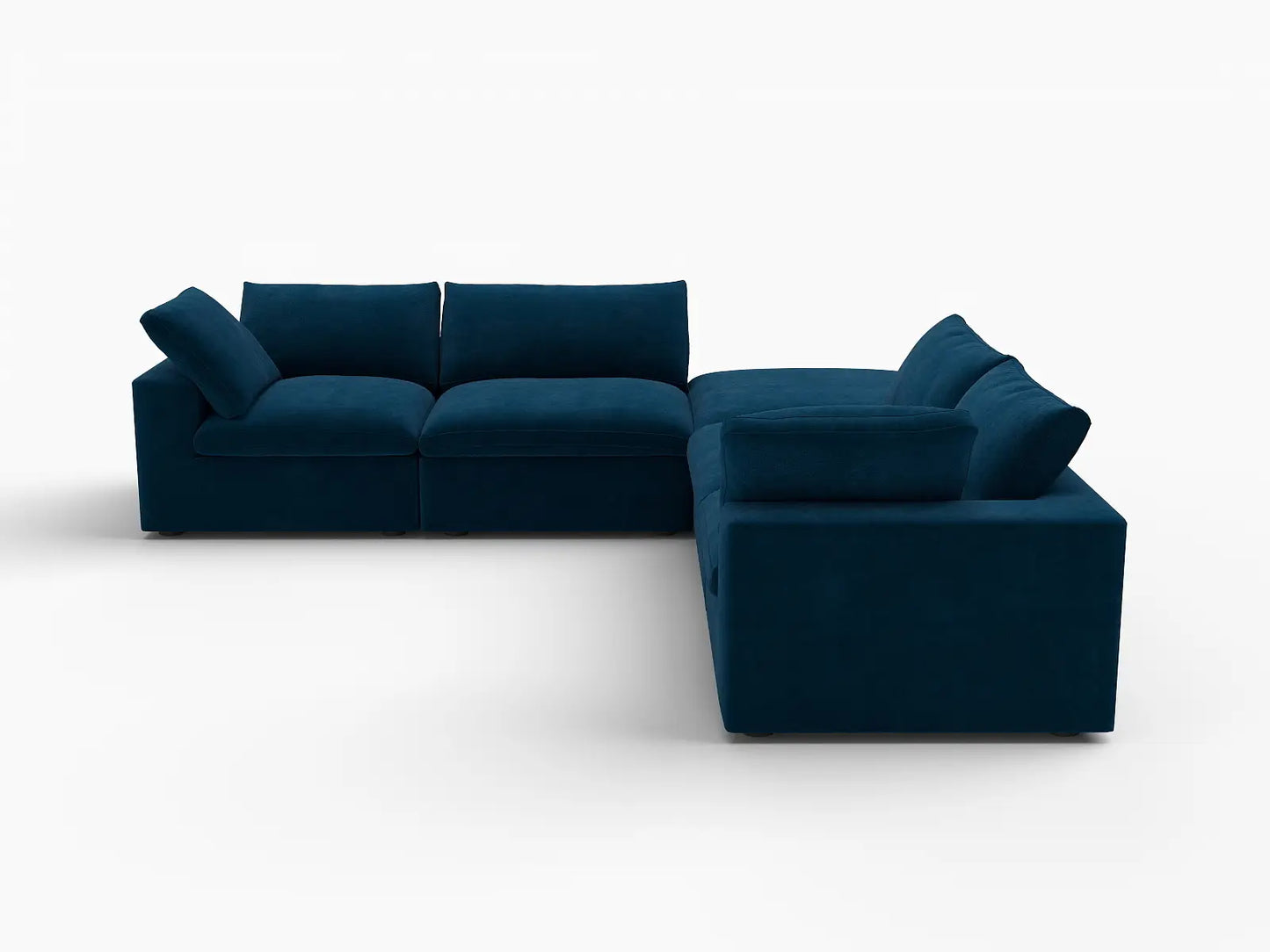 Deluxe Cloud 4-Seater Dark Blue V-Shaped Sectional | 5-Piece (Includes 1 Ottoman), Velvet Fabric, Living Room Seating, Washable Cushion Covers