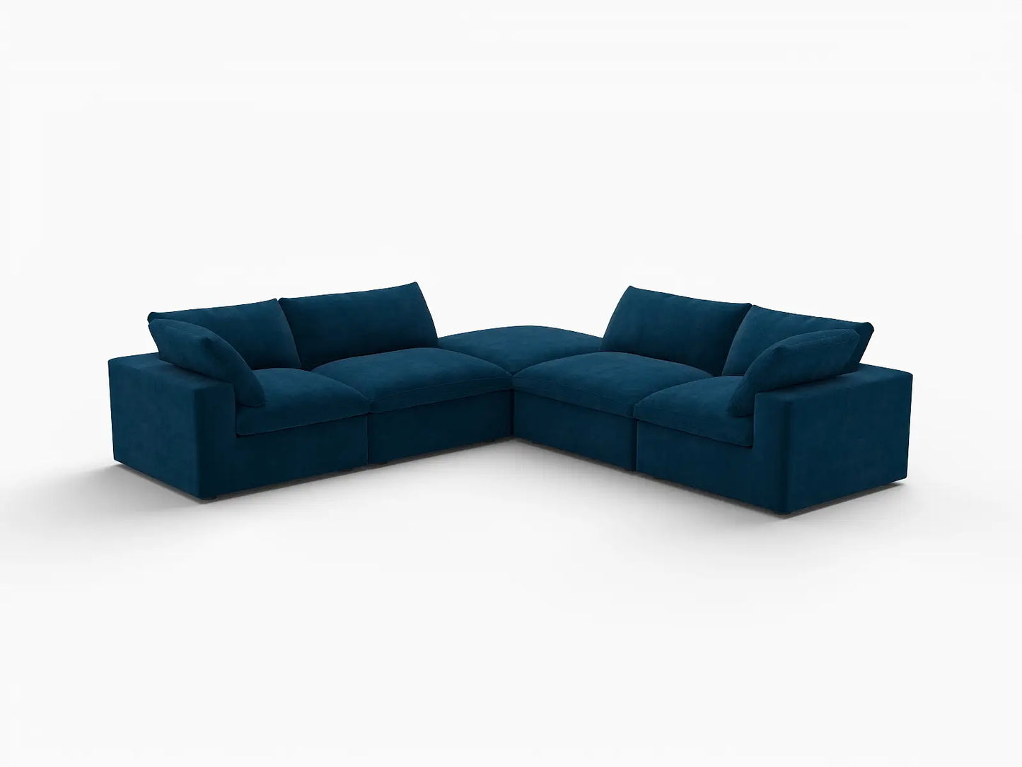 Deluxe Cloud 4-Seater Dark Blue V-Shaped Sectional | 5-Piece (Includes 1 Ottoman), Velvet Fabric, Living Room Seating, Washable Cushion Covers