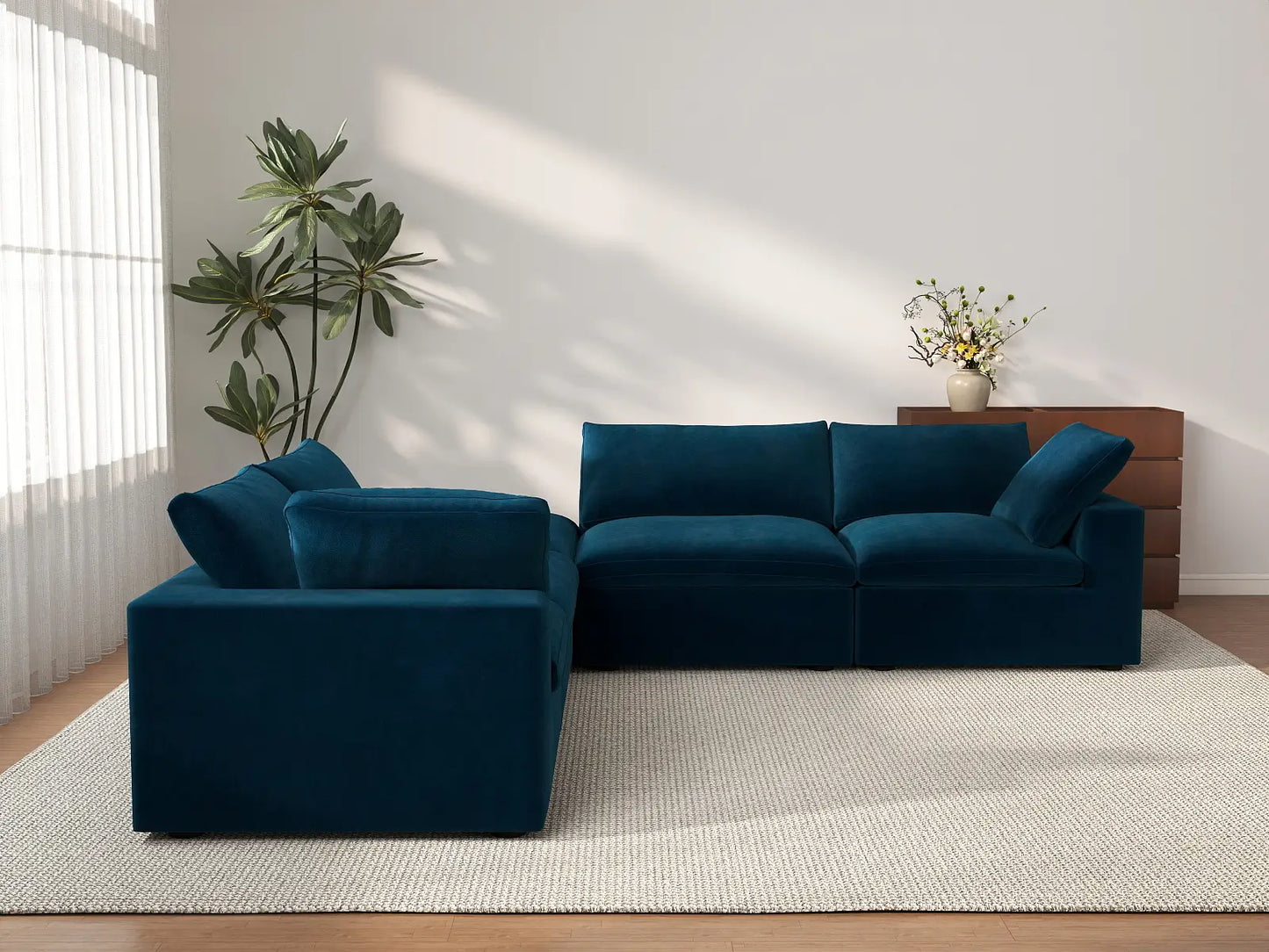 Deluxe Cloud 4-Seater Dark Blue V-Shaped Sectional | 5-Piece (Includes 1 Ottoman), Velvet Fabric, Living Room Seating, Washable Cushion Covers