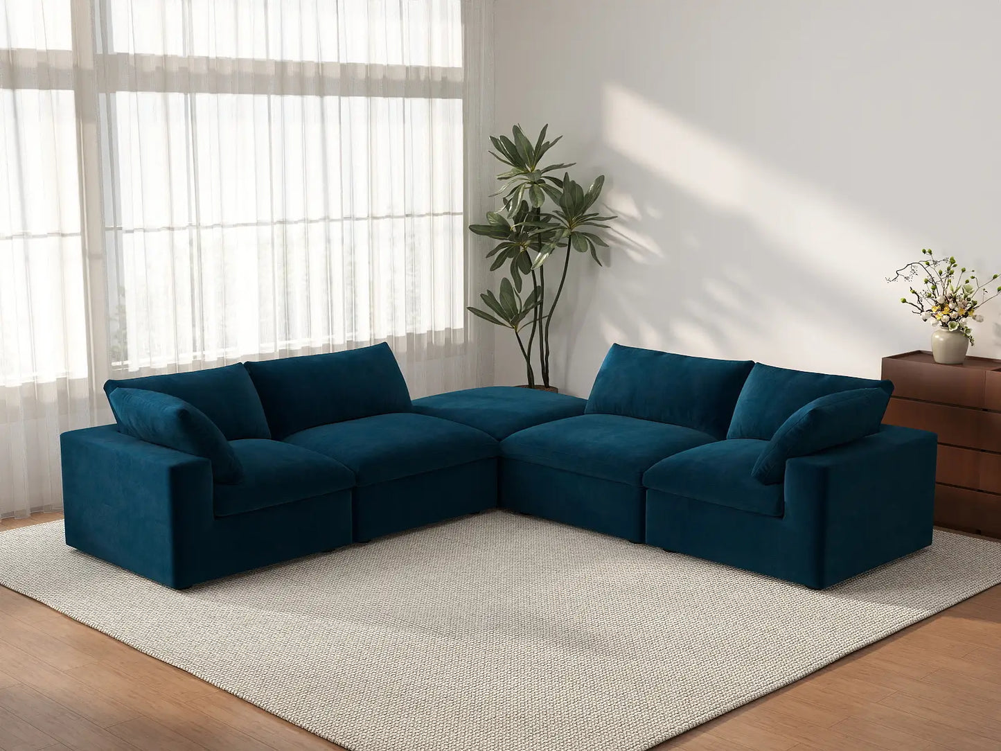 Deluxe Cloud 4-Seater Dark Blue V-Shaped Sectional | 5-Piece (Includes 1 Ottoman), Velvet Fabric, Living Room Seating, Washable Cushion Covers