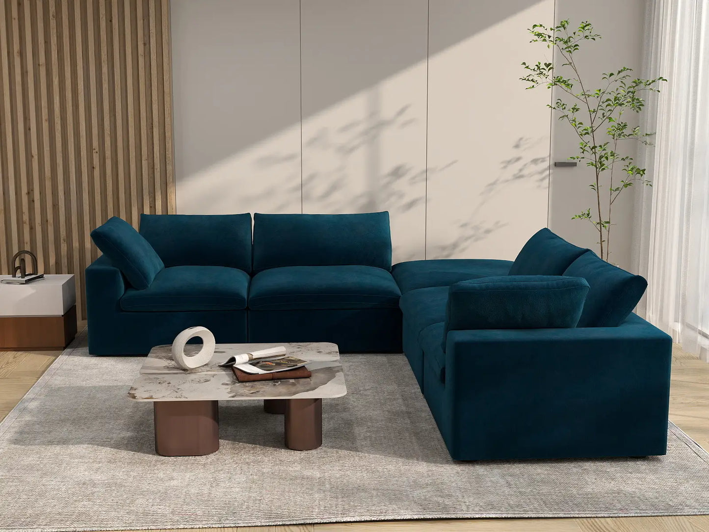 Deluxe Cloud 4-Seater Dark Blue V-Shaped Sectional | 5-Piece (Includes 1 Ottoman), Velvet Fabric, Living Room Seating, Washable Cushion Covers