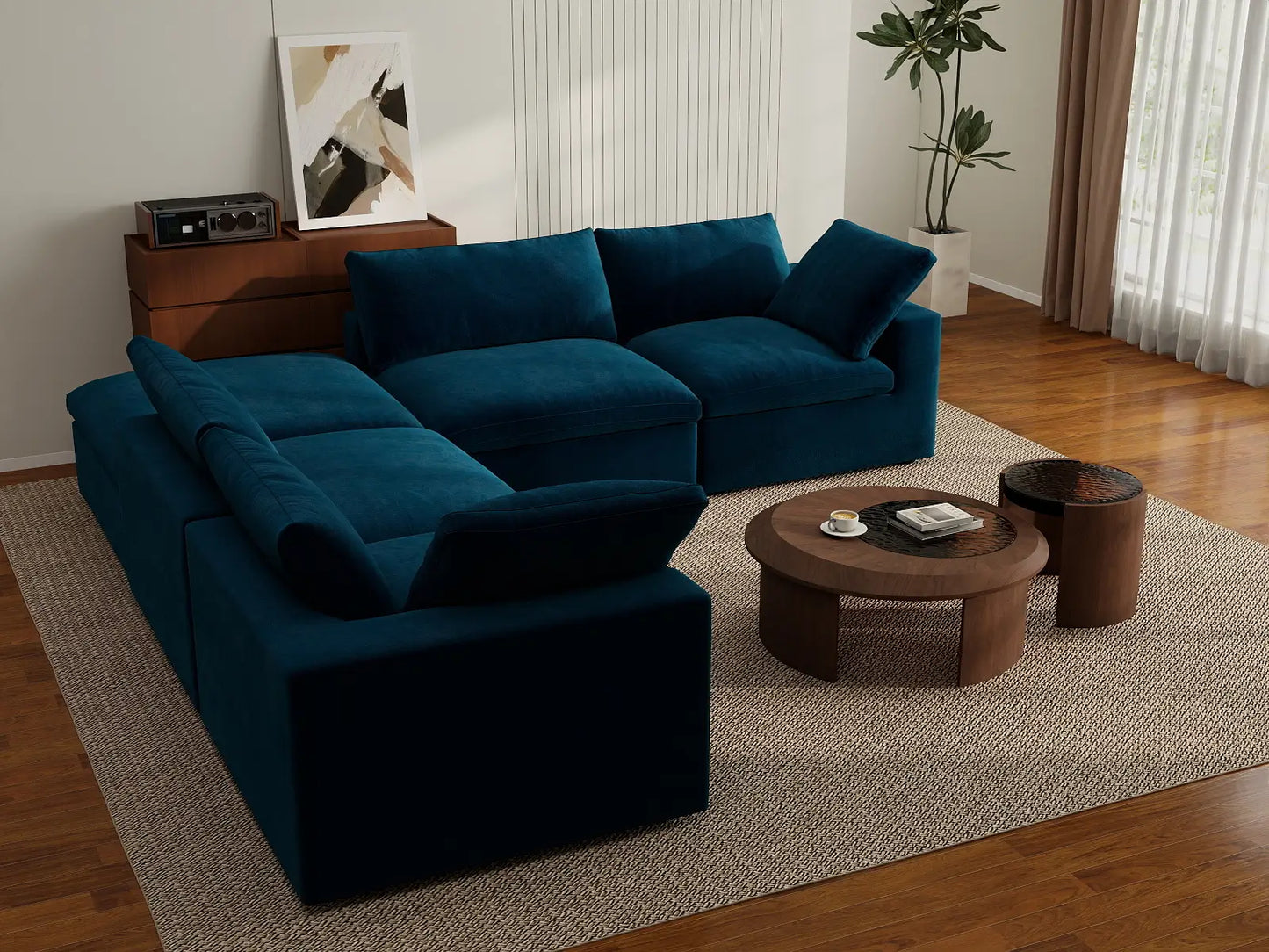 Deluxe Cloud 4-Seater Dark Blue V-Shaped Sectional | 5-Piece (Includes 1 Ottoman), Velvet Fabric, Living Room Seating, Washable Cushion Covers