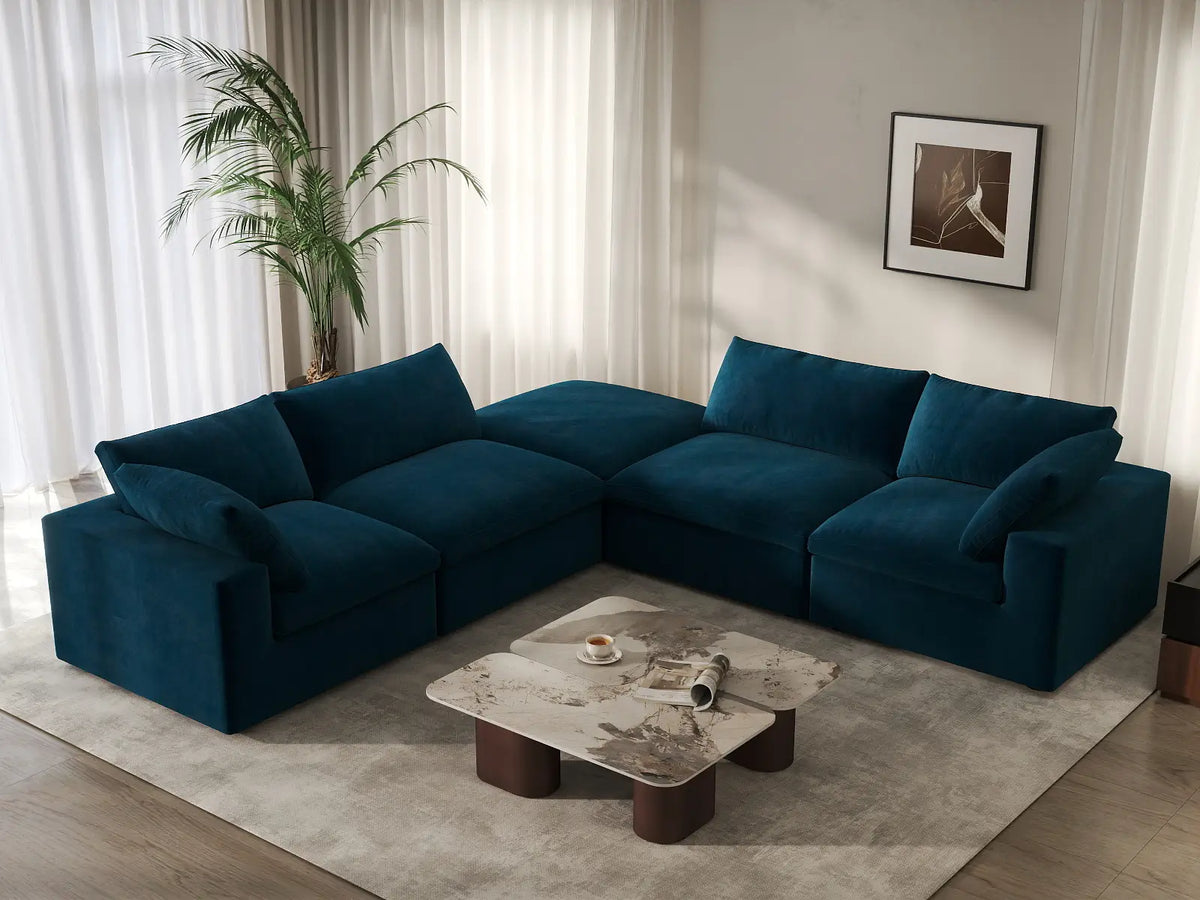 Deluxe Cloud 4-Seater Dark Blue V-Shaped Sectional | 5-Piece (Includes 1 Ottoman), Velvet Fabric, Living Room Seating, Washable Cushion Covers