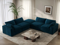 Deluxe Cloud 4-Seater Dark Blue V-Shaped Sectional | 5-Piece (Includes 1 Ottoman), Velvet Fabric, Living Room Seating, Washable Cushion Covers