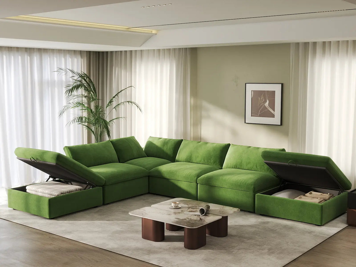 Deluxe Cloud 4-Seater Earth Green Sofa Set | 6-Piece (Includes 2 Ottomans), Velvet Fabric, Washable Cushion Covers