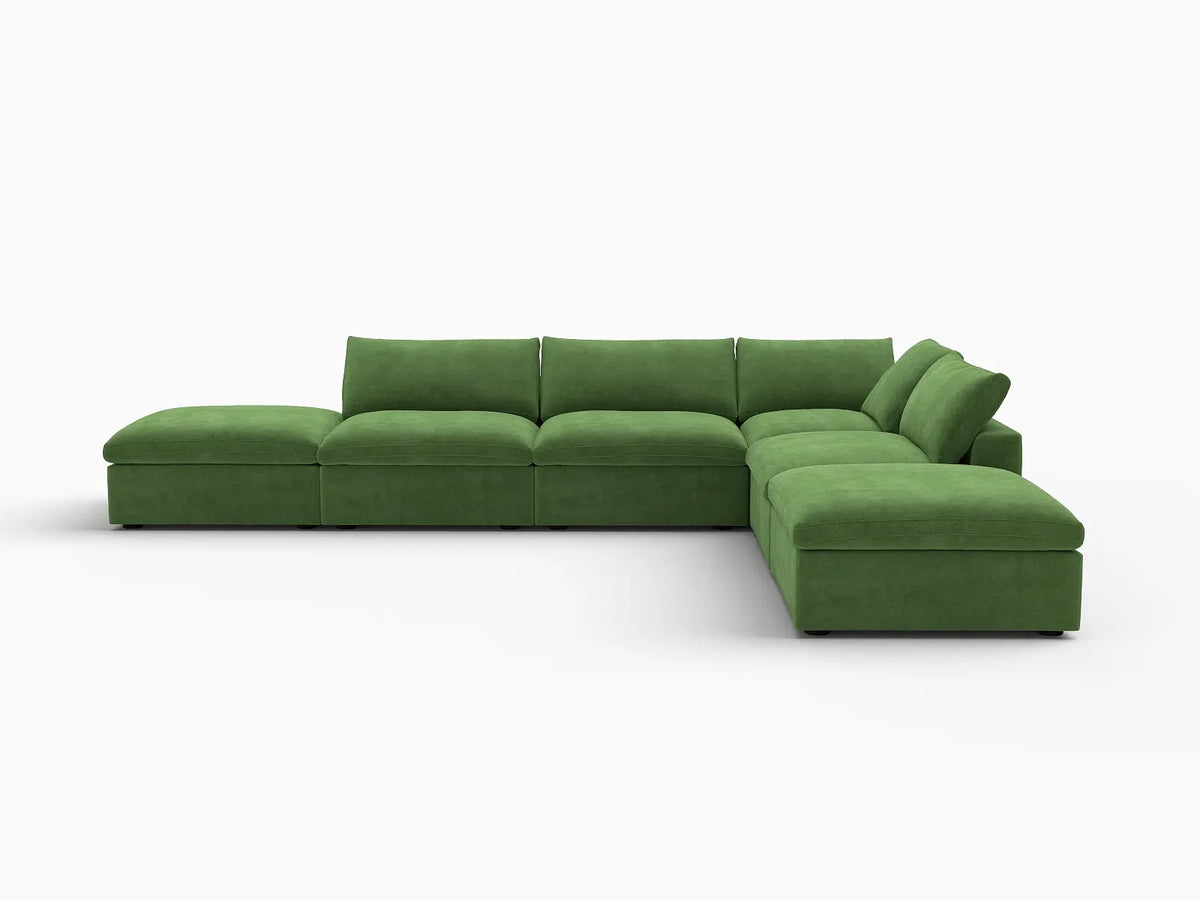 Deluxe Cloud 4-Seater Earth Green Sofa Set | 6-Piece (Includes 2 Ottomans), Velvet Fabric, Washable Cushion Covers