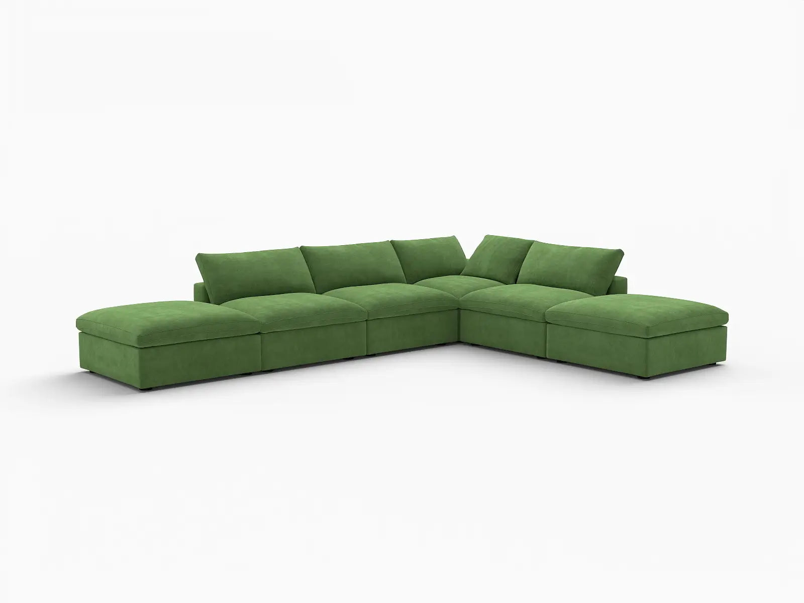 Deluxe Cloud 4-Seater Earth Green Sofa Set | 6-Piece (Includes 2 Ottomans), Velvet Fabric, Washable Cushion Covers