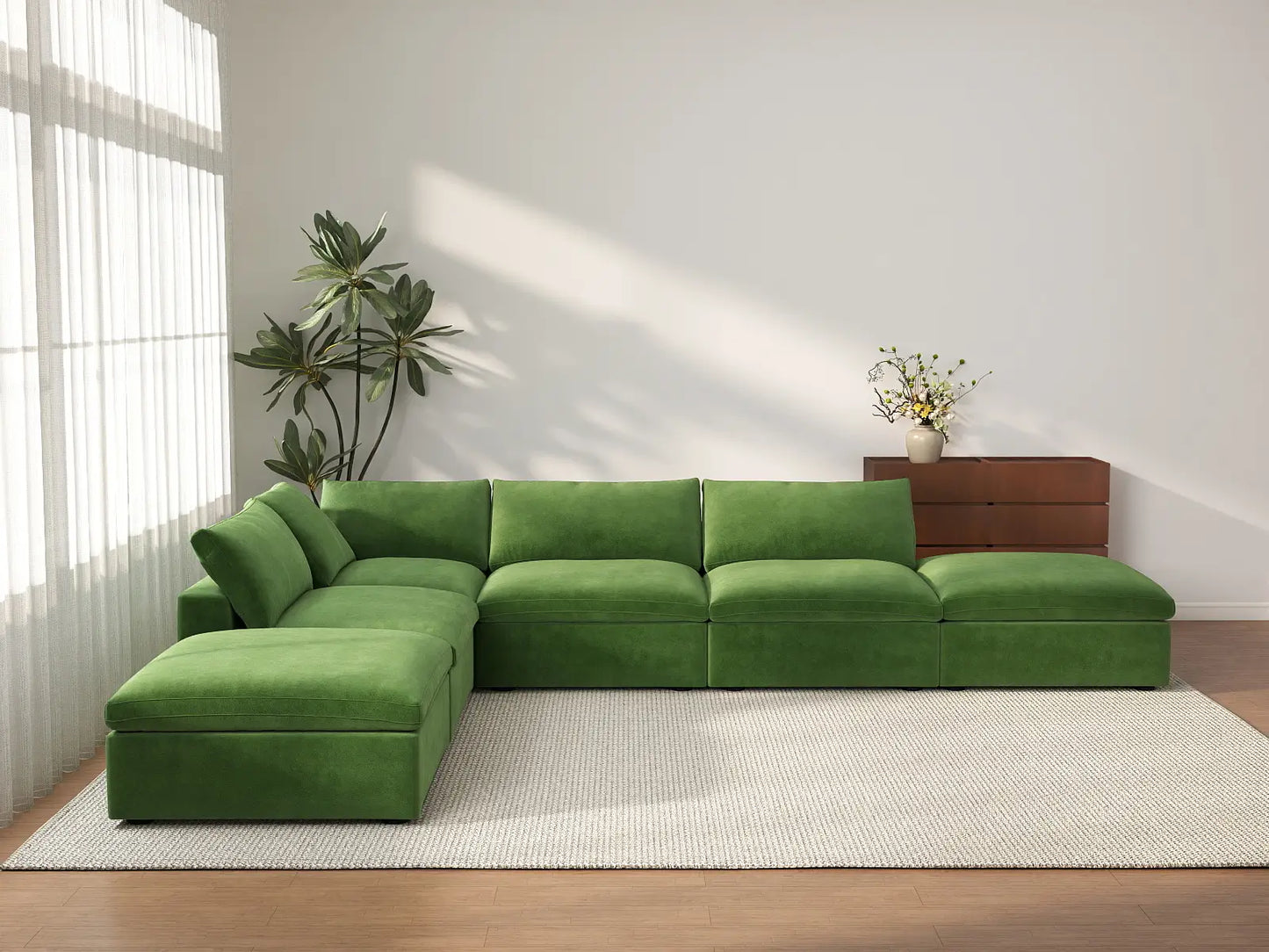 Deluxe Cloud 4-Seater Earth Green Sofa Set | 6-Piece (Includes 2 Ottomans), Velvet Fabric, Washable Cushion Covers