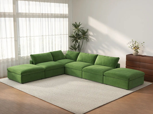 Deluxe Cloud 4-Seater Earth Green Sofa Set | 6-Piece (Includes 2 Ottomans), Velvet Fabric, Washable Cushion Covers