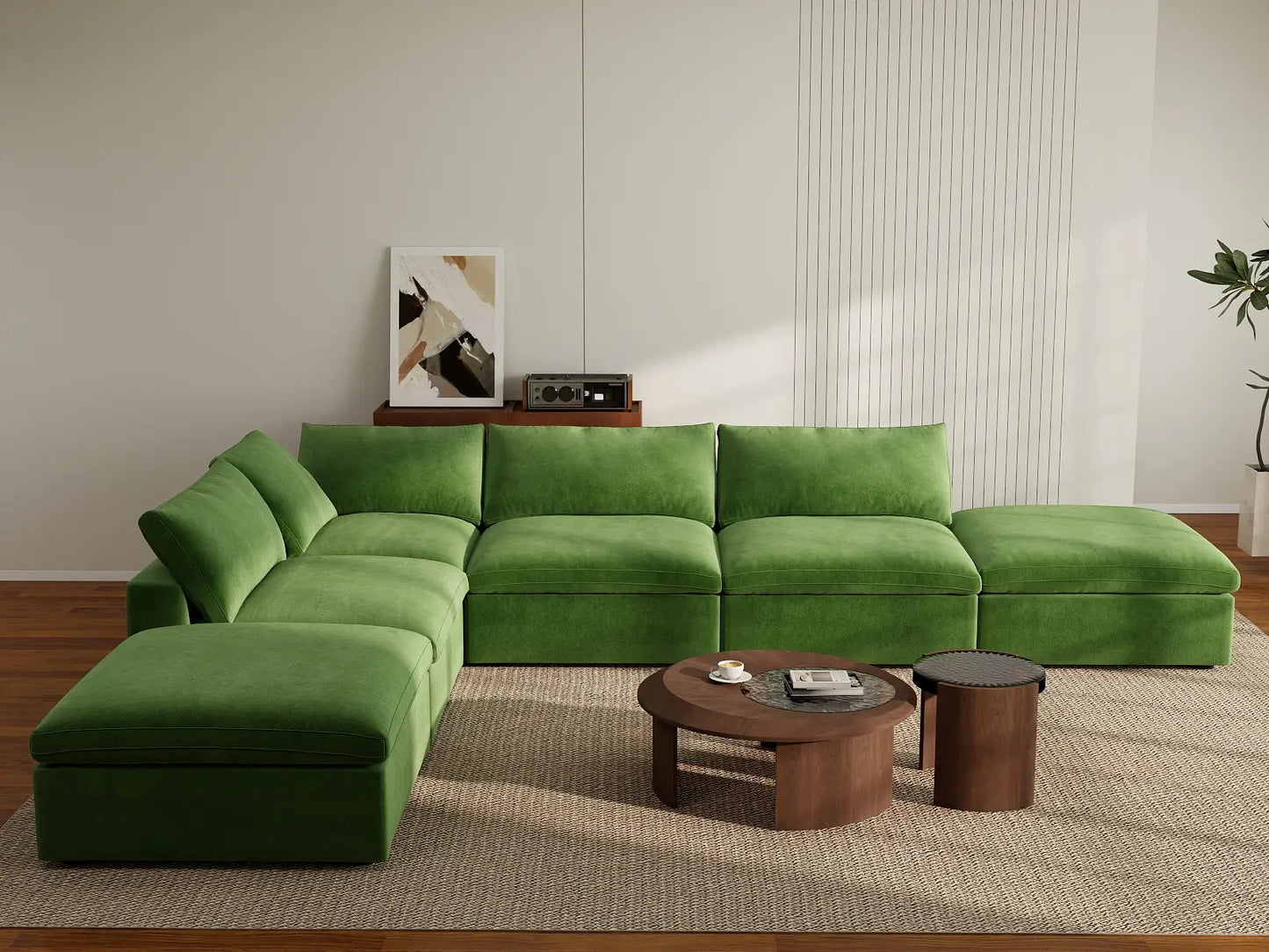 Deluxe Cloud 4-Seater Earth Green Sofa Set | 6-Piece (Includes 2 Ottomans), Velvet Fabric, Washable Cushion Covers