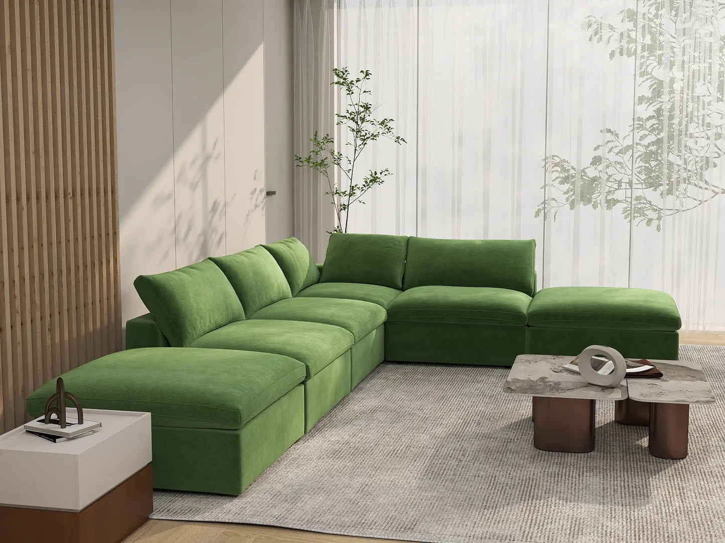Deluxe Cloud 4-Seater Earth Green Sofa Set | 6-Piece (Includes 2 Ottomans), Velvet Fabric, Washable Cushion Covers