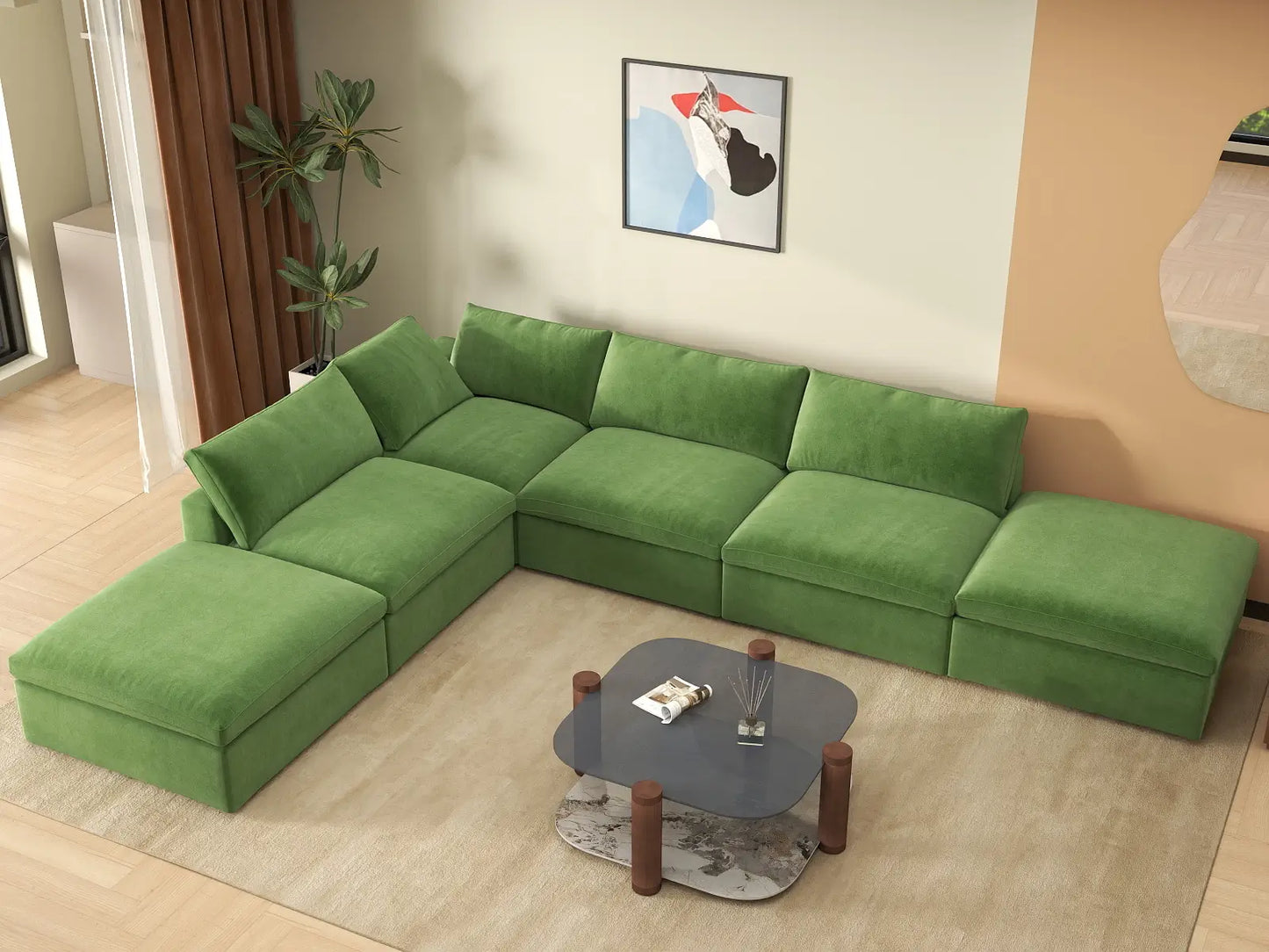 Deluxe Cloud 4-Seater Earth Green Sofa Set | 6-Piece (Includes 2 Ottomans), Velvet Fabric, Washable Cushion Covers