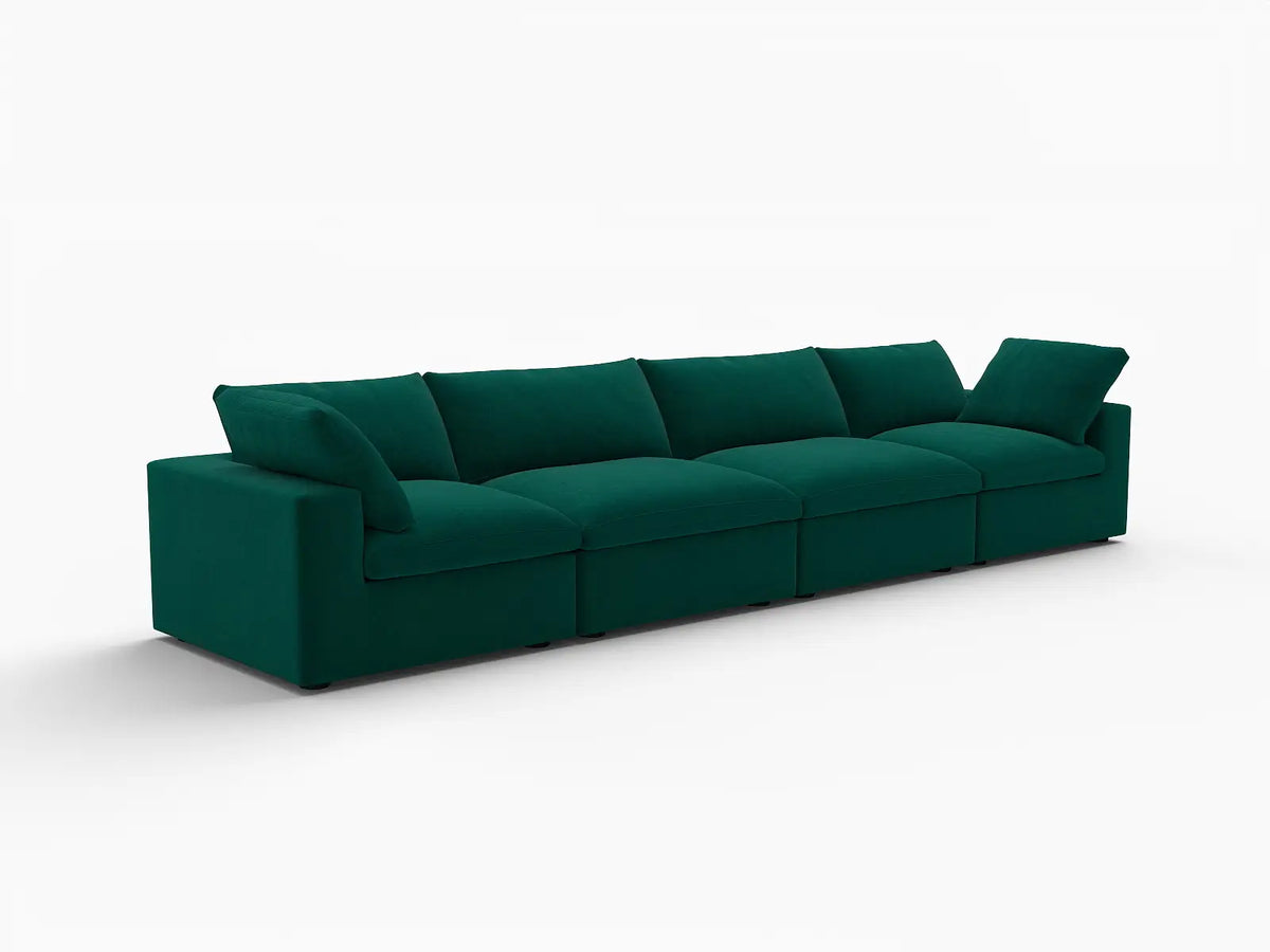 Deluxe Cloud 4-Seater Gem Green Couch Sectional | 4-Piece, Velvet Fabric, Living Room Seating, Washable Cushion Covers