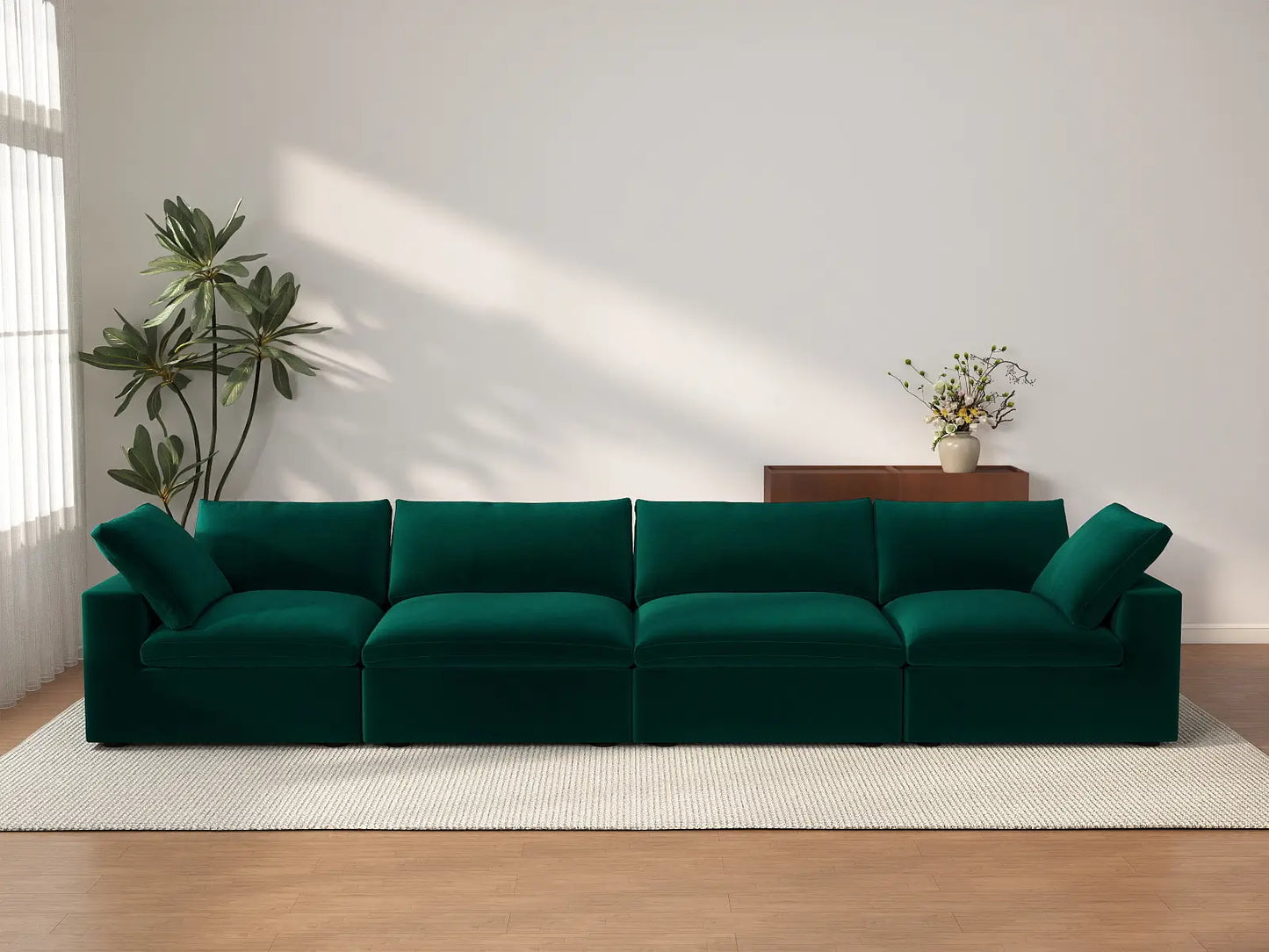 Deluxe Cloud 4-Seater Gem Green Couch Sectional | 4-Piece, Velvet Fabric, Living Room Seating, Washable Cushion Covers