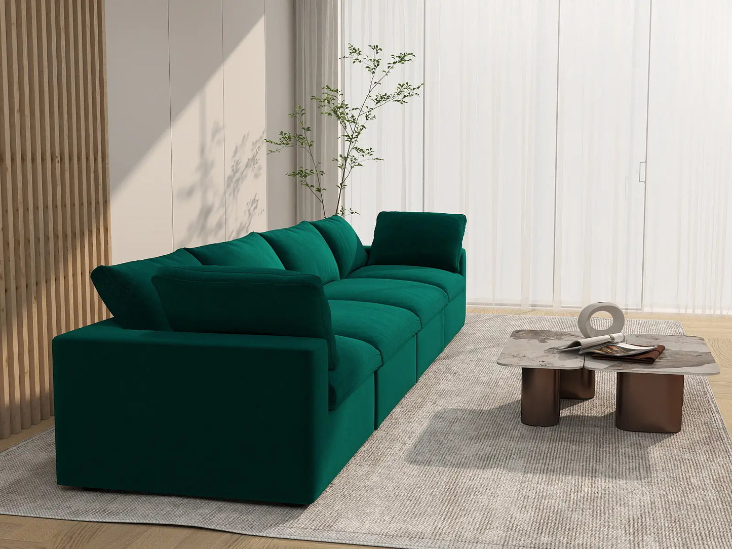 Deluxe Cloud 4-Seater Gem Green Couch Sectional | 4-Piece, Velvet Fabric, Living Room Seating, Washable Cushion Covers