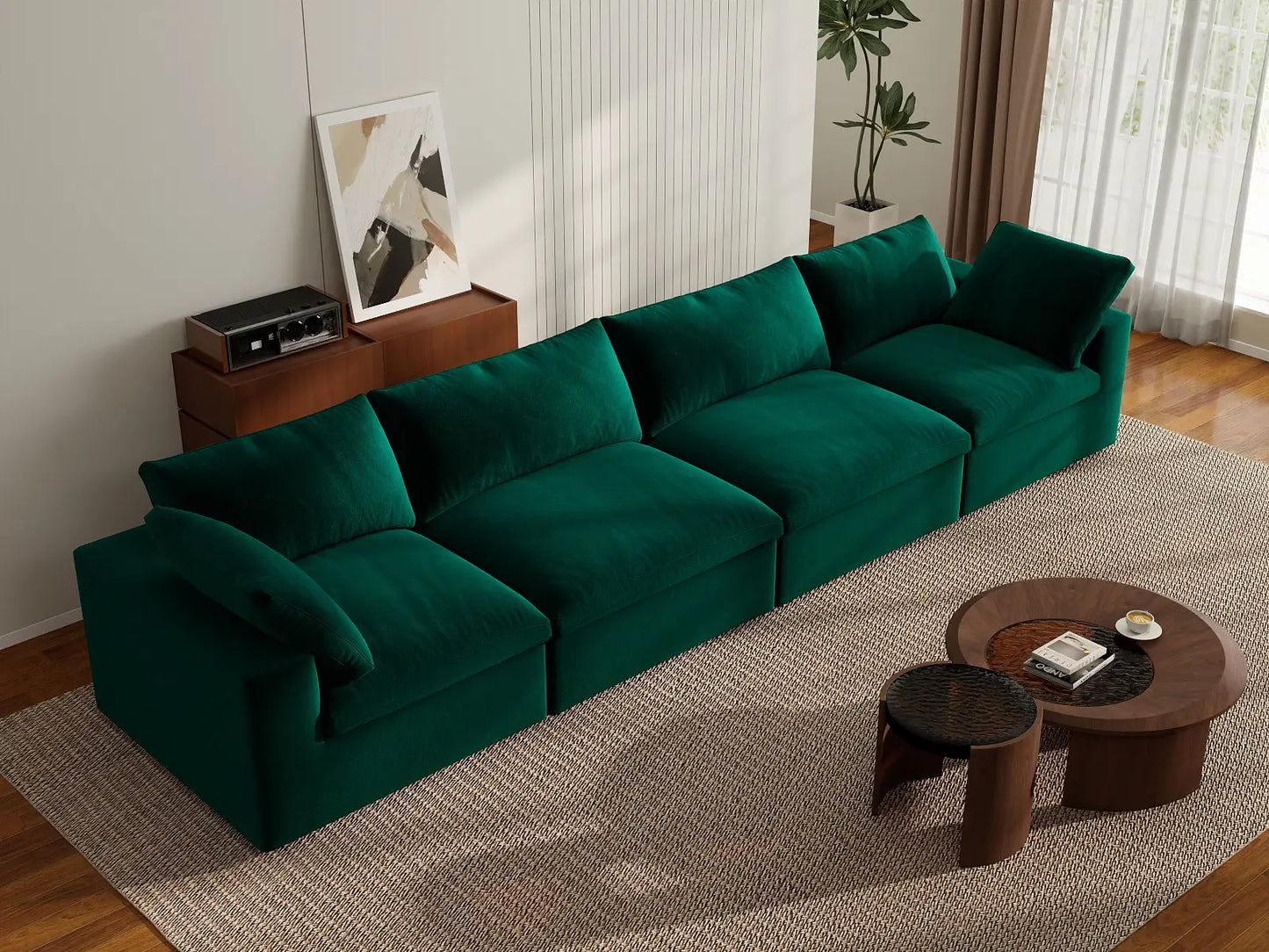 Deluxe Cloud 4-Seater Gem Green Couch Sectional | 4-Piece, Velvet Fabric, Living Room Seating, Washable Cushion Covers