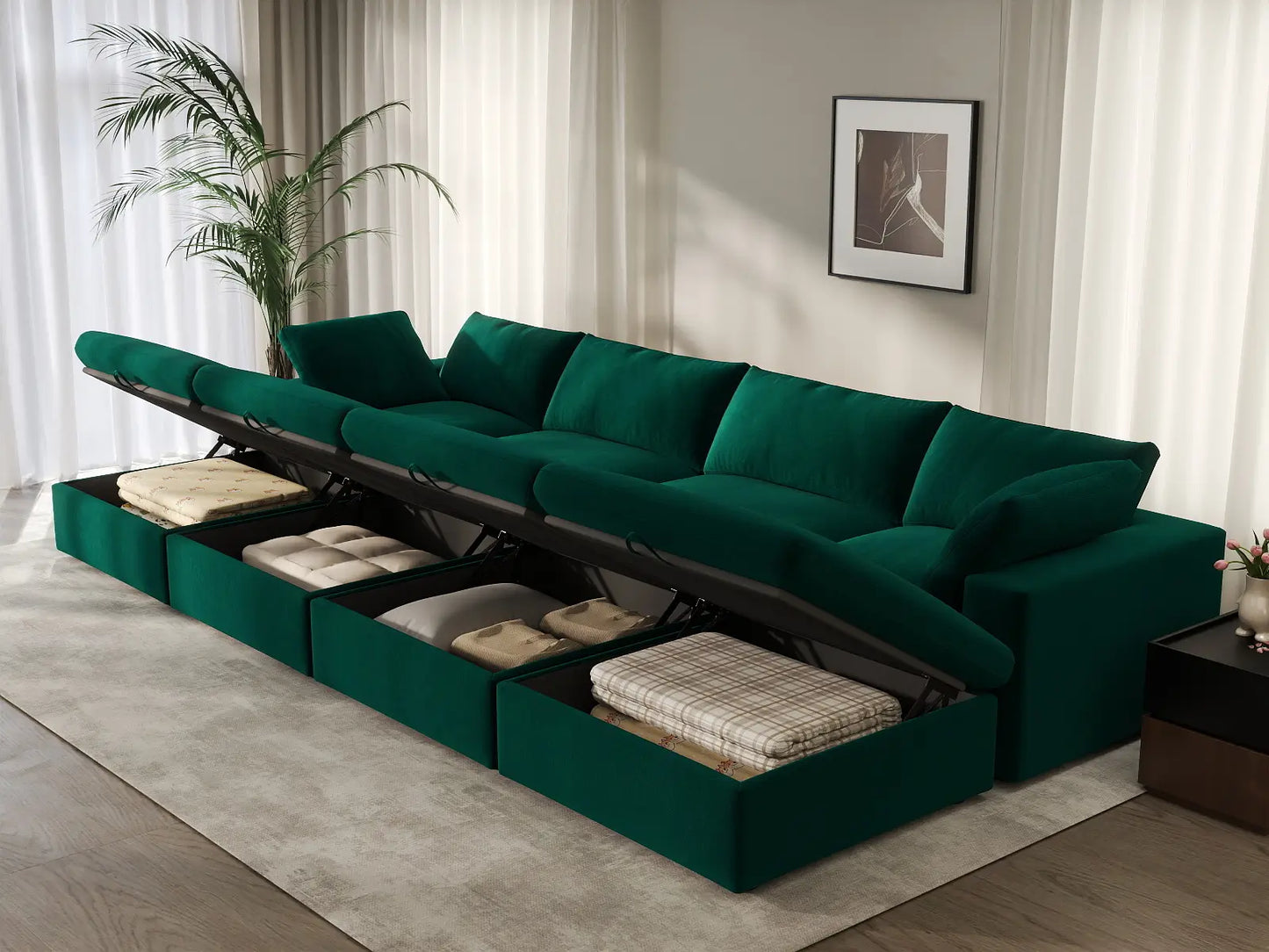 Deluxe Cloud 4-Seater Gem Green Pit Sectional | 8-Piece (Includes 4 Ottomans), Velvet Fabric, Family Room Seating, Washable Cushion Covers