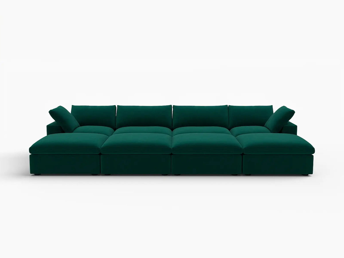 Deluxe Cloud 4-Seater Gem Green Pit Sectional | 8-Piece (Includes 4 Ottomans), Velvet Fabric, Family Room Seating, Washable Cushion Covers