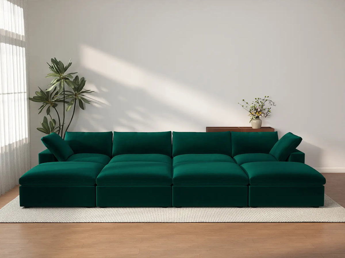 Deluxe Cloud 4-Seater Gem Green Pit Sectional | 8-Piece (Includes 4 Ottomans), Velvet Fabric, Family Room Seating, Washable Cushion Covers