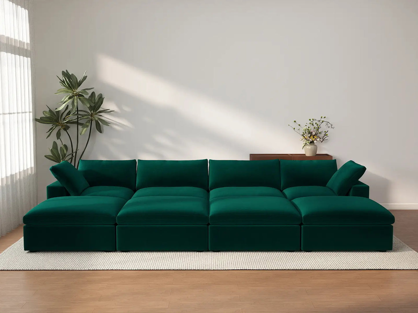 Deluxe Cloud 4-Seater Gem Green Pit Sectional | 8-Piece (Includes 4 Ottomans), Velvet Fabric, Family Room Seating, Washable Cushion Covers