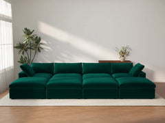 Deluxe Cloud 4-Seater Gem Green Pit Sectional | 8-Piece (Includes 4 Ottomans), Velvet Fabric, Family Room Seating, Washable Cushion Covers