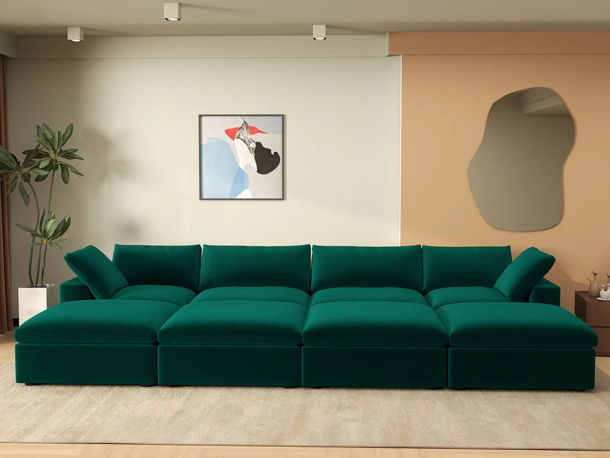 Deluxe Cloud 4-Seater Gem Green Pit Sectional | 8-Piece (Includes 4 Ottomans), Velvet Fabric, Family Room Seating, Washable Cushion Covers