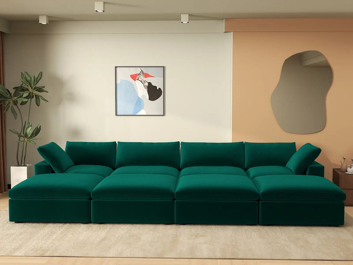 Deluxe Cloud 4-Seater Gem Green Pit Sectional | 8-Piece (Includes 4 Ottomans), Velvet Fabric, Family Room Seating, Washable Cushion Covers