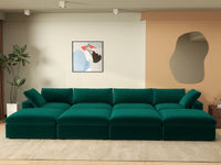 Deluxe Cloud 4-Seater Gem Green Pit Sectional | 8-Piece (Includes 4 Ottomans), Velvet Fabric, Family Room Seating, Washable Cushion Covers