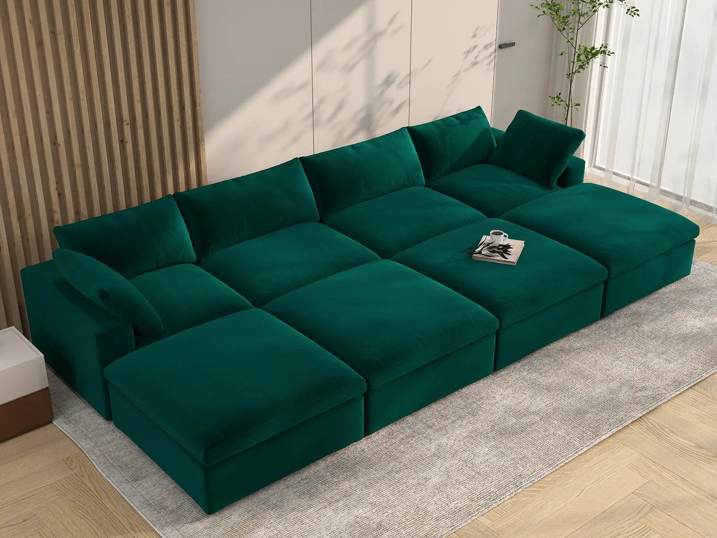 Deluxe Cloud 4-Seater Gem Green Pit Sectional | 8-Piece (Includes 4 Ottomans), Velvet Fabric, Family Room Seating, Washable Cushion Covers