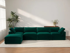 Deluxe Cloud 4-Seater Gem Green Sofa Set | 5-Piece (Includes 1 Ottoman), Velvet Fabric, Washable Cushion Covers