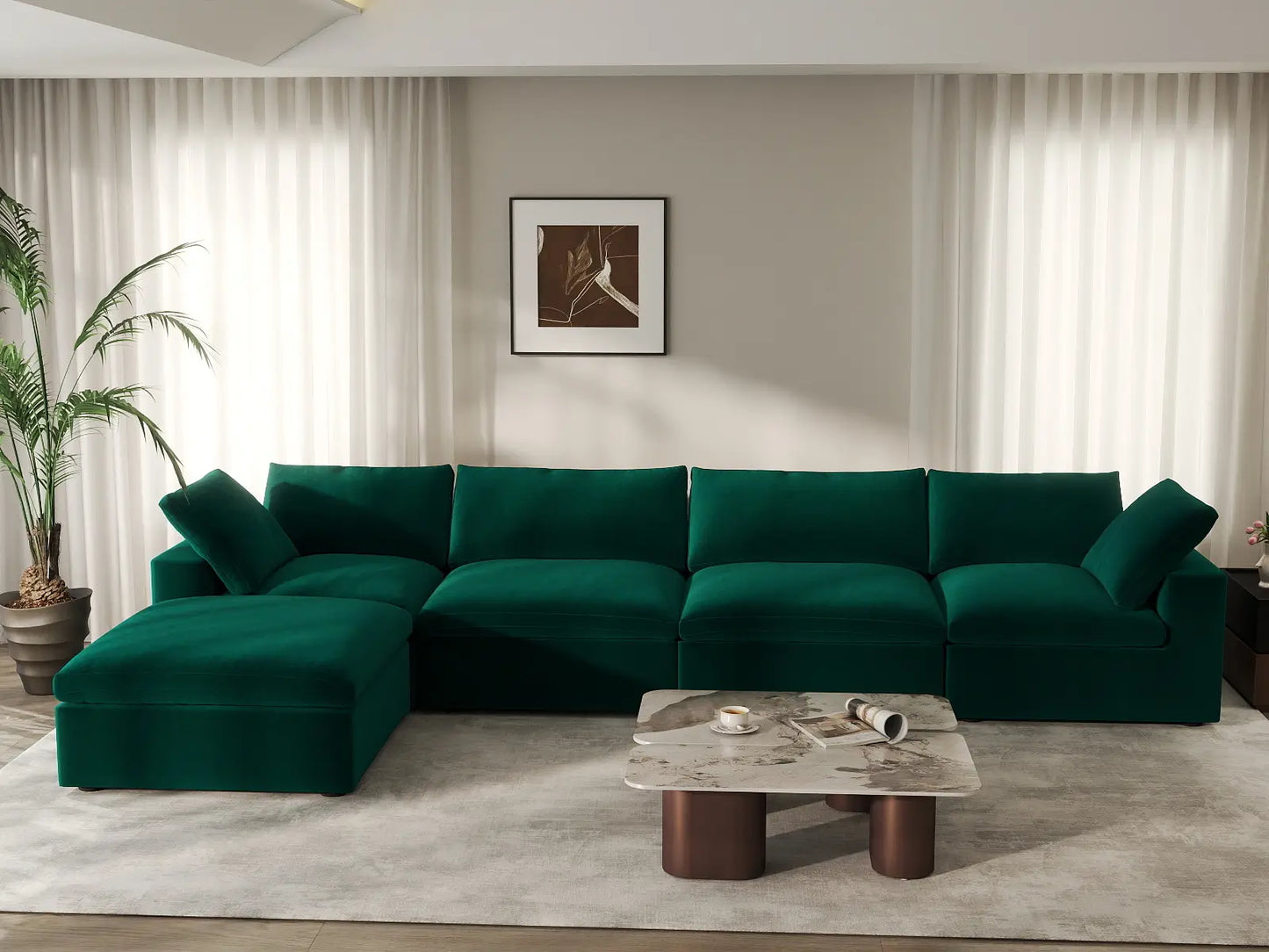 Deluxe Cloud 4-Seater Gem Green Sofa Set | 5-Piece (Includes 1 Ottoman), Velvet Fabric, Washable Cushion Covers