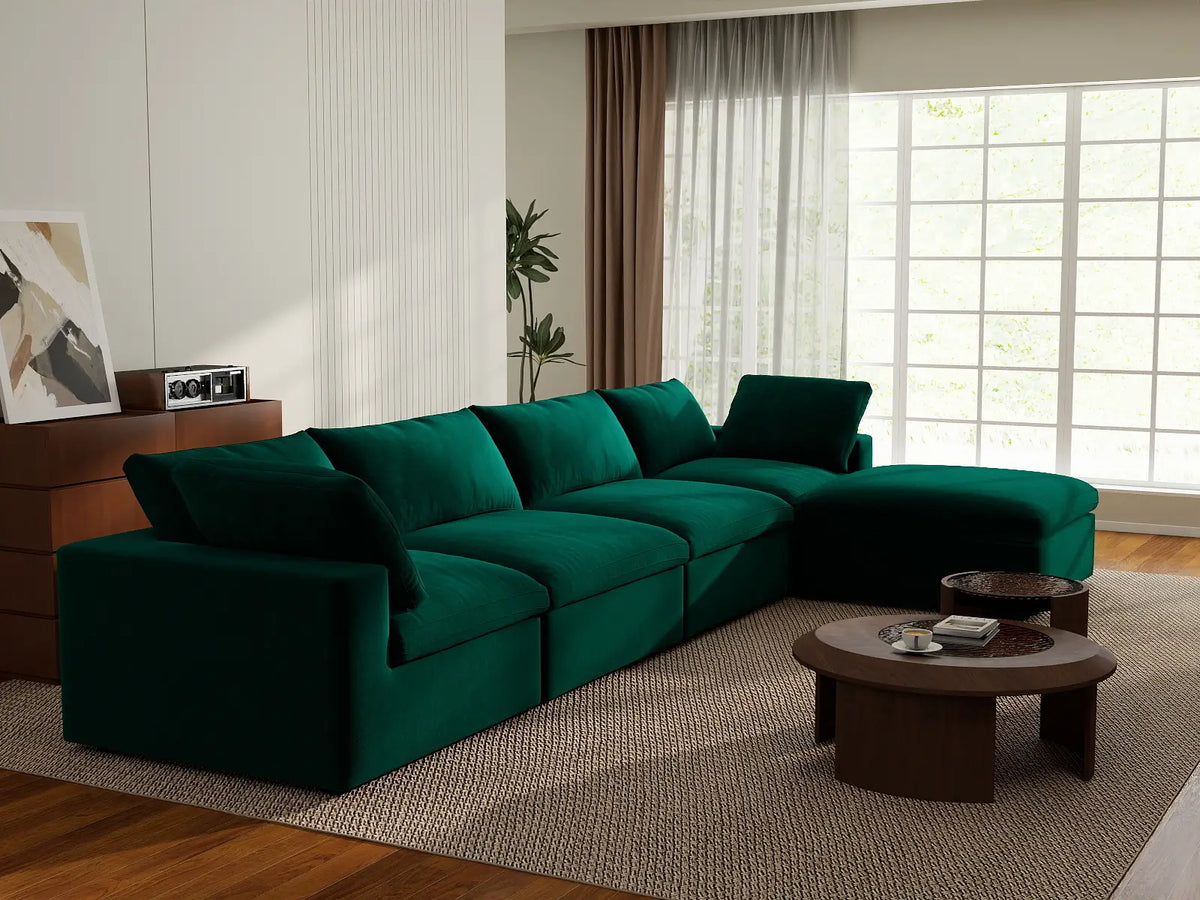 Deluxe Cloud 4-Seater Gem Green Sofa Set | 5-Piece (Includes 1 Ottoman), Velvet Fabric, Washable Cushion Covers