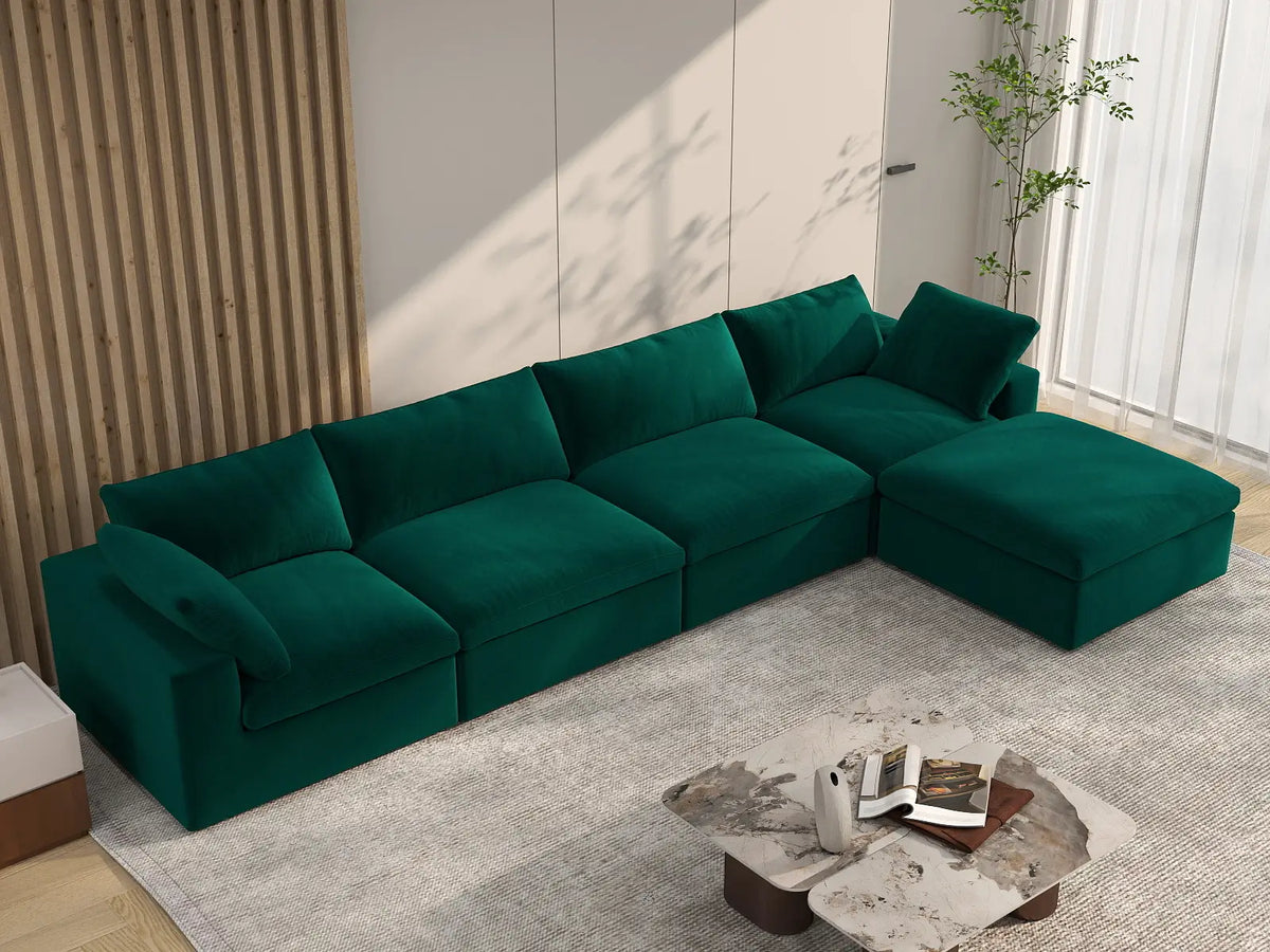 Deluxe Cloud 4-Seater Gem Green Sofa Set | 5-Piece (Includes 1 Ottoman), Velvet Fabric, Washable Cushion Covers