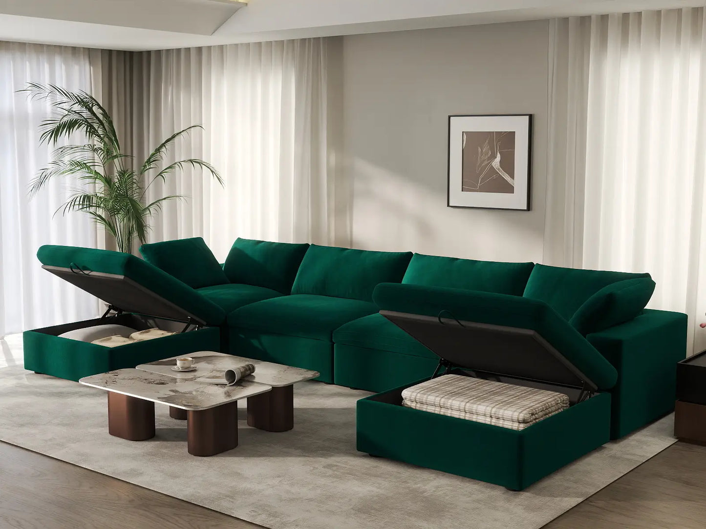 Deluxe Cloud 4-Seater Gem Green U-Shaped Sectional | 6-Piece (Includes 2 Ottomans), Velvet Fabric, Family Room Seating, Washable Cushion Covers