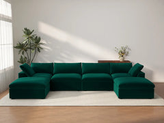 Deluxe Cloud 4-Seater Gem Green U-Shaped Sectional | 6-Piece (Includes 2 Ottomans), Velvet Fabric, Family Room Seating, Washable Cushion Covers