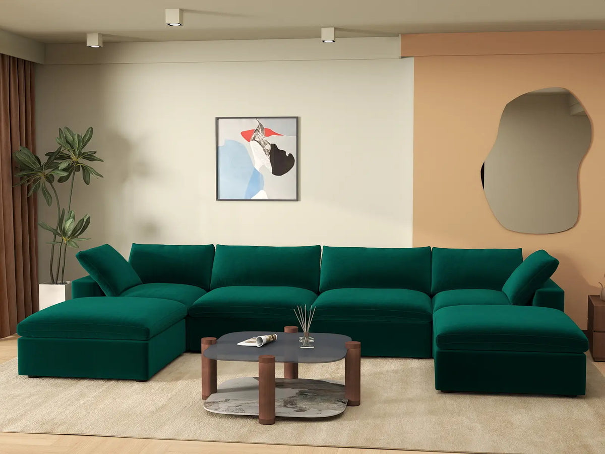 Deluxe Cloud 4-Seater Gem Green U-Shaped Sectional | 6-Piece (Includes 2 Ottomans), Velvet Fabric, Family Room Seating, Washable Cushion Covers