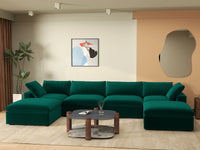 Deluxe Cloud 4-Seater Gem Green U-Shaped Sectional | 6-Piece (Includes 2 Ottomans), Velvet Fabric, Family Room Seating, Washable Cushion Covers