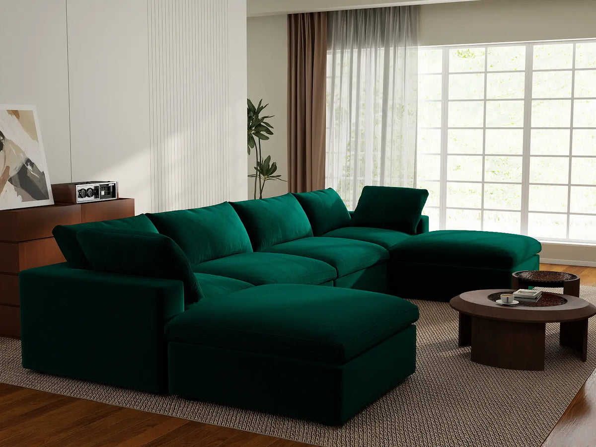 Deluxe Cloud 4-Seater Gem Green U-Shaped Sectional | 6-Piece (Includes 2 Ottomans), Velvet Fabric, Family Room Seating, Washable Cushion Covers