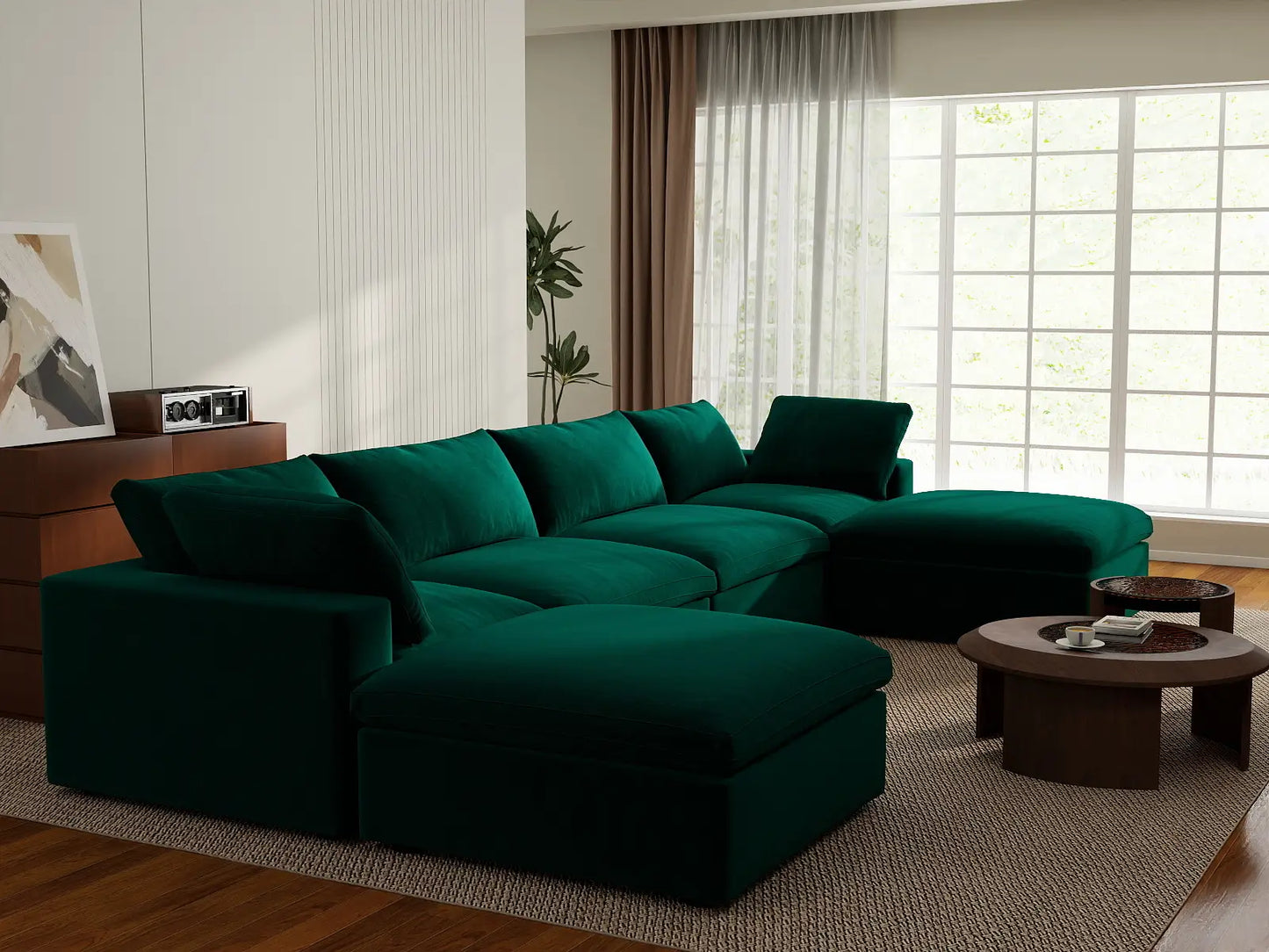 Deluxe Cloud 4-Seater Gem Green U-Shaped Sectional | 6-Piece (Includes 2 Ottomans), Velvet Fabric, Family Room Seating, Washable Cushion Covers