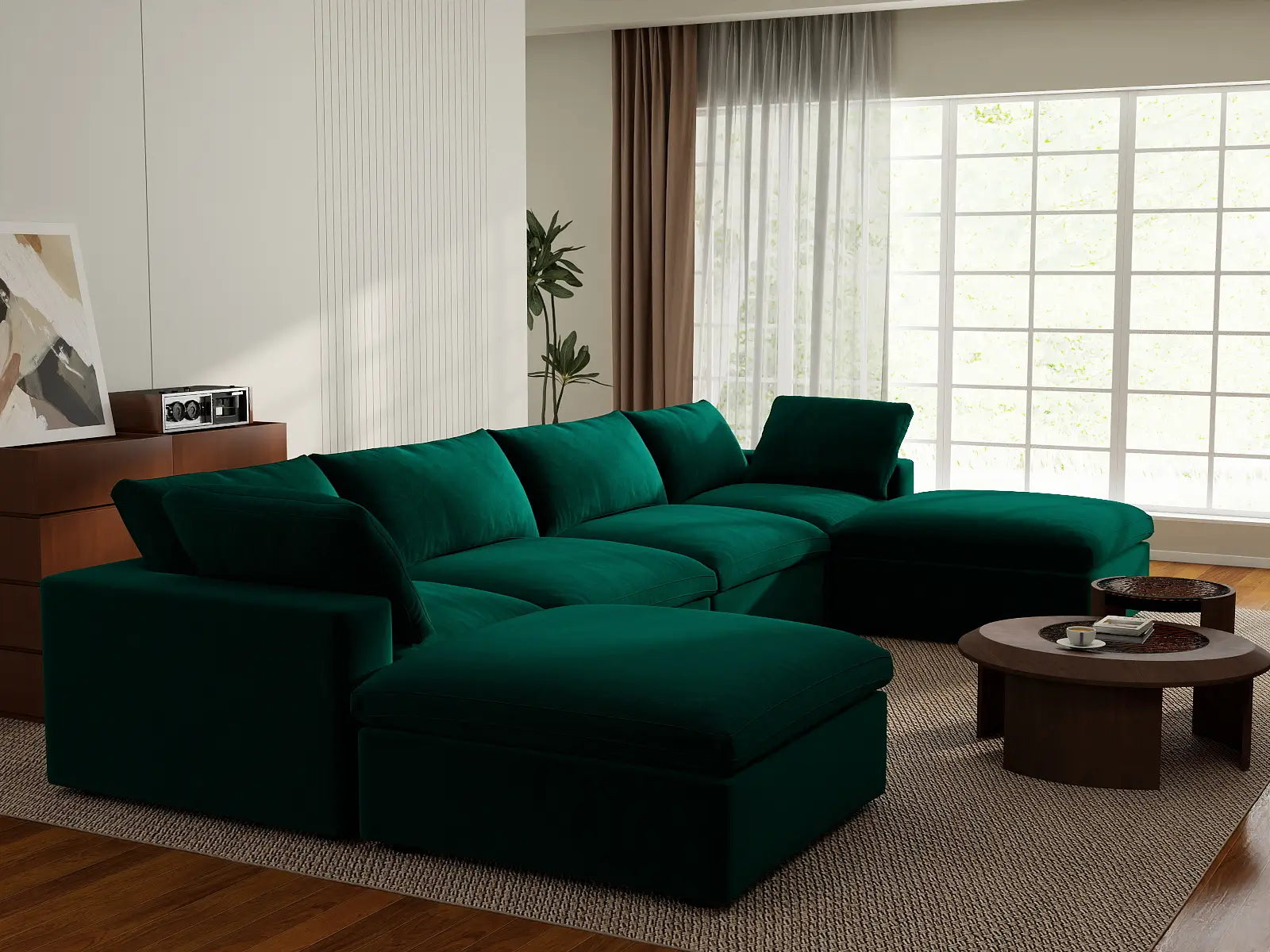 Deluxe Cloud 4-Seater Gem Green U-Shaped Sectional | 6-Piece (Includes 2 Ottomans), Velvet Fabric, Family Room Seating, Washable Cushion Covers