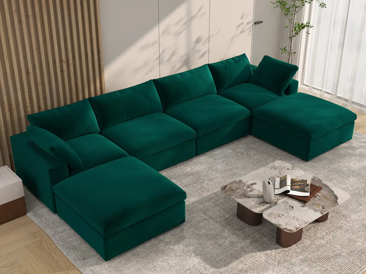 Deluxe Cloud 4-Seater Gem Green U-Shaped Sectional | 6-Piece (Includes 2 Ottomans), Velvet Fabric, Family Room Seating, Washable Cushion Covers